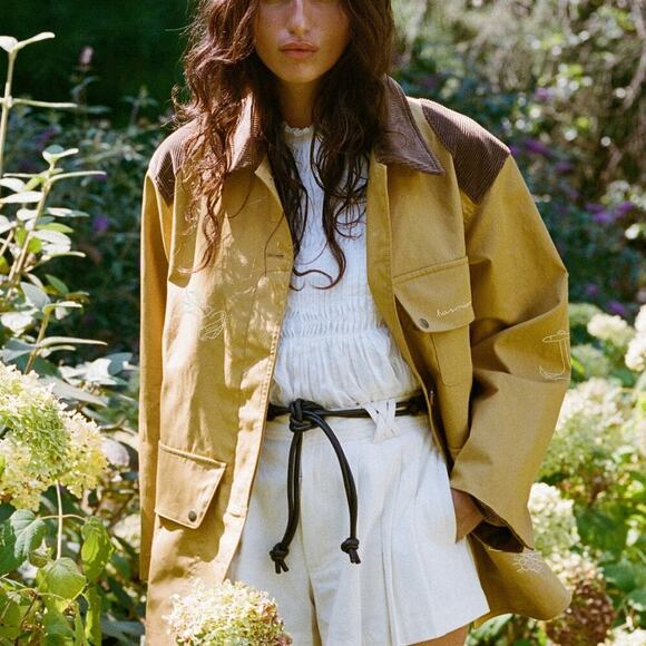 Sea New York Clyde Lighthouse Barn Jacket Embroidered Corduroy Trim Yellow Small - Picture 2 of 13